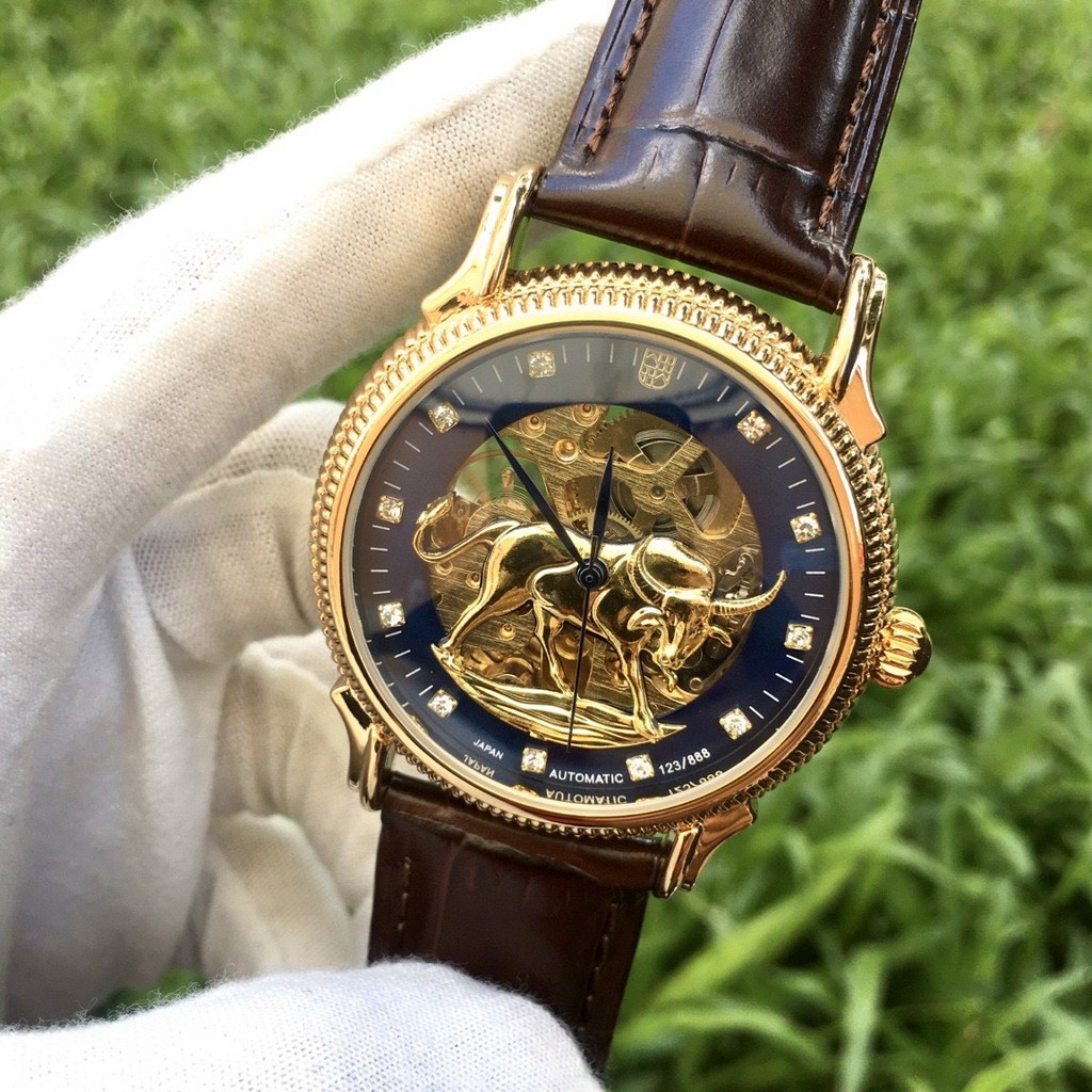 ⚡Ảnh Thật⚡Đồng Hồ Cơ Nam Automatic Dây Da Cao Cấp, Lộ Máy, Mặt Hình Trâu Vàng Thể Hiện Sự Sang Trọng Phú Quý