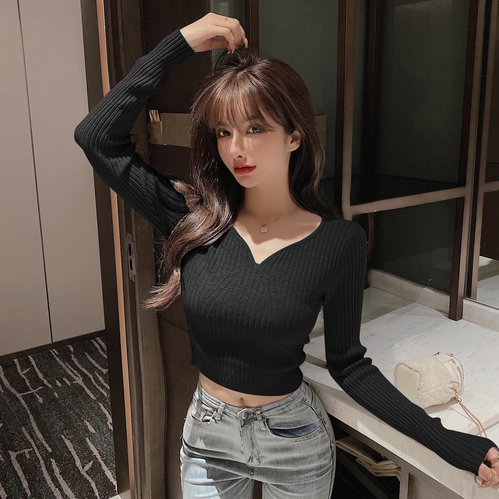 Áo dệt kim tay dài cổ chữ V thời trang xinh xắn nhiều màu tùy chọn cho nữ