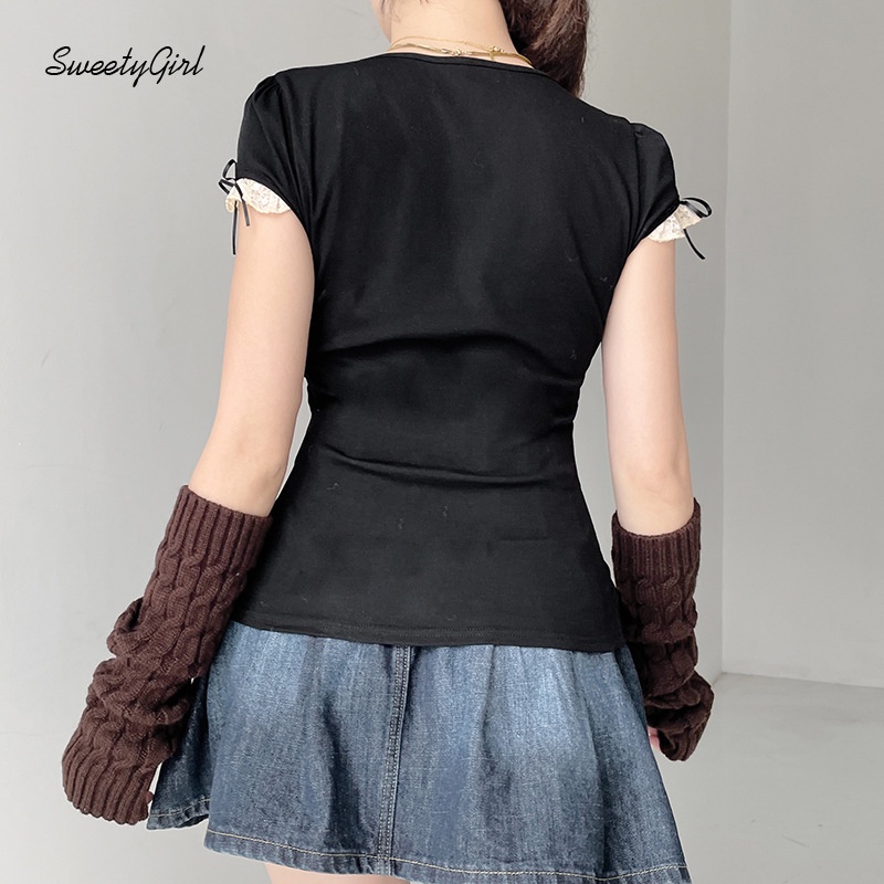 Áo Thun Tay Ngắn Cổ Vuông Dáng Ôm Phối Ren Màu Sắc Tương Phản Thời Trang Cho Nữ