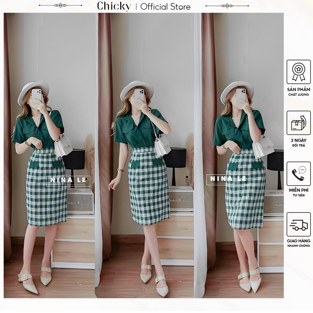 set áo và chân váy áo sơ mi tay ngắn có túi trước ngực phối cùng chân váy dài caro