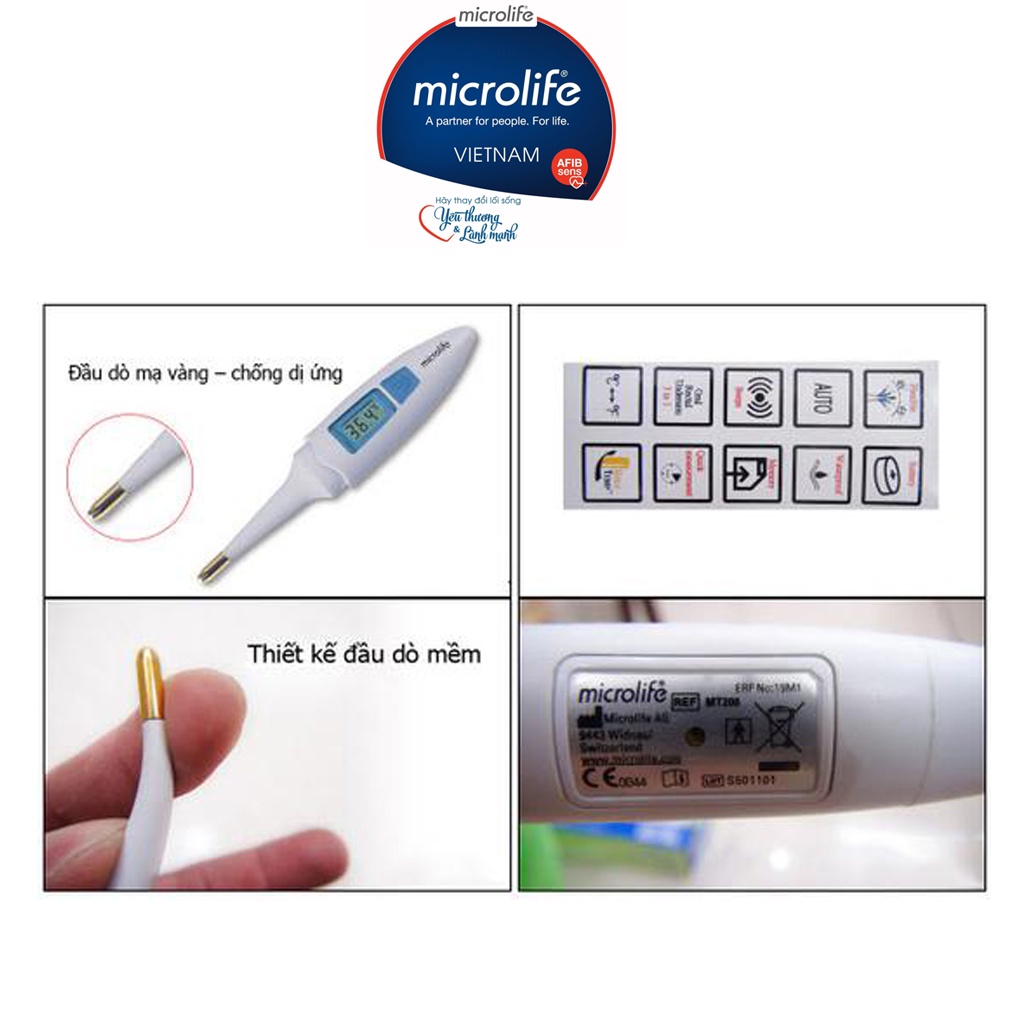 [Đo nhanh, 10 giây cho kết quả] Nhiệt kế điện tử Microlife MT200 - đầu mềm mạ vàng , chống kích ứng da