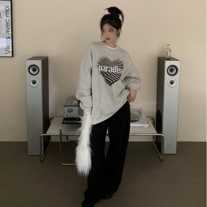 Áo sweater Dáng Rộng Phối Nhung Dày In Hình Cờ Vua Trái Tim Thời Trang Mùa Thu 2022 Mới