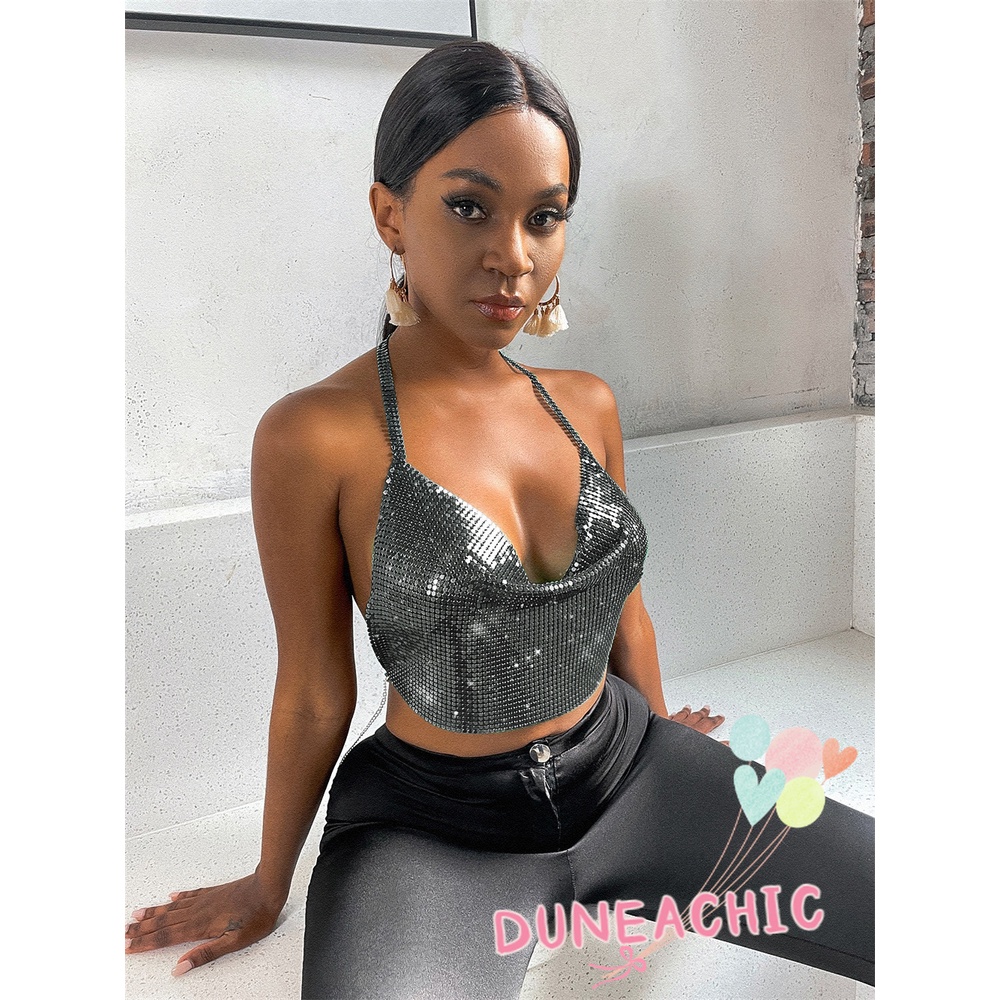 DUNEA Áo Croptop Hai Dây Kim Loại Lấp Lánh Gợi Cảm Cho Nữ