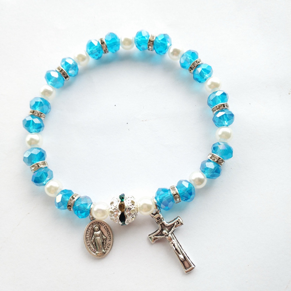 Vòng Tay Chuỗi Hạt Ngọc Trai Nhân Tạo Màu Xanh Dương Thánh Giá Đức Mẹ Mary Miraculous Medal Crucifix Charms