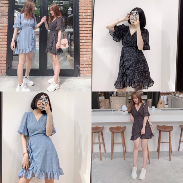 ĐẦM XINH CHẤM BI - VÁY BI VẠT CHÉO CỔ CHỮ V CÓ LÓT ( Kèm ảnh trải sàn ) | BigBuy360 - bigbuy360.vn