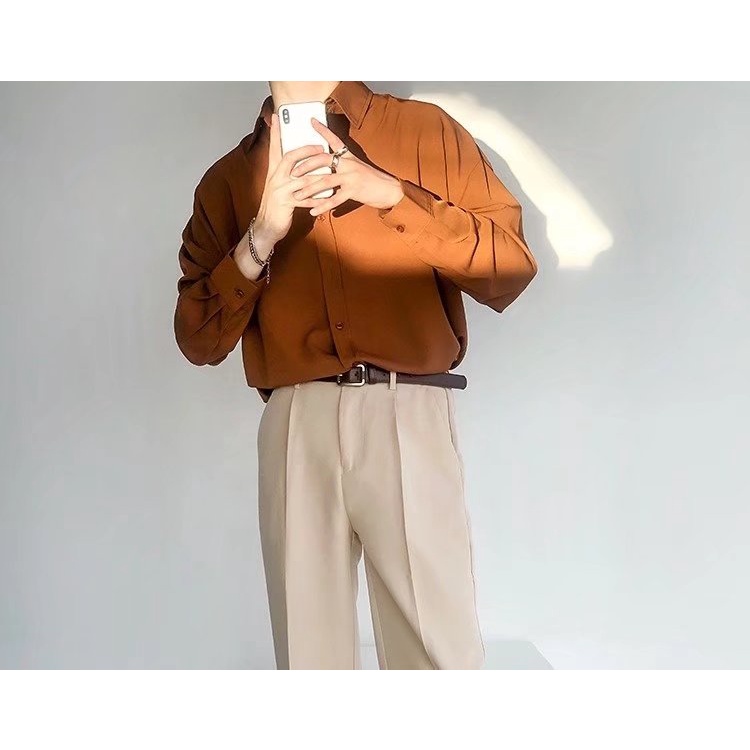 [M-3XL] Áo Sơ Mi Nam Tay Dài Dáng Rộng Vải Lụa Lạnh Mỏng Thoải Mái Phong Cách Hàn Quốc Dễ Phối Đồ