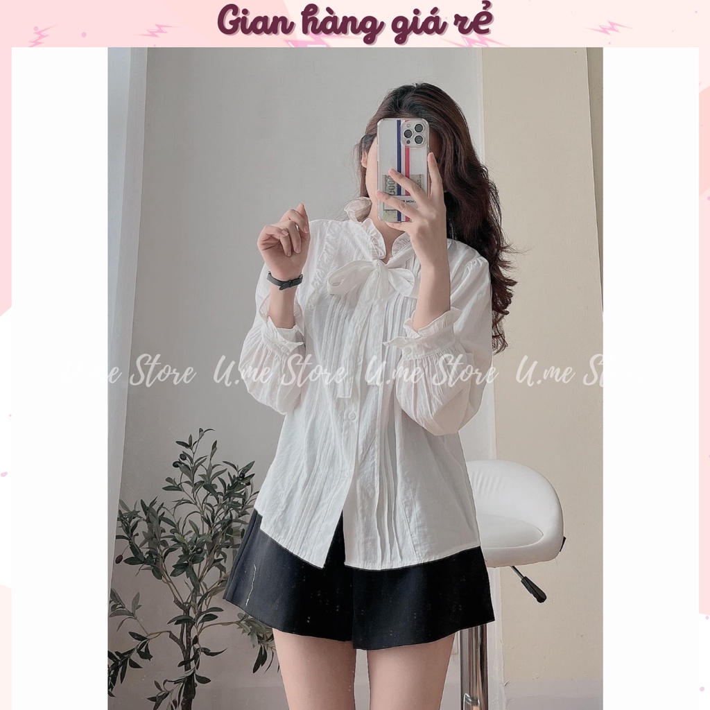 Anna Shirt - Áo sơ mi nữ dài tay form rộng cổ bèo cột nơ trước chất thô đũi Ulzzang tiểu thư