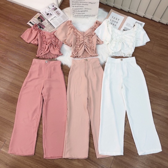 Set bộ quần ống rộng phối áo croptop tay bèo vãi đũi