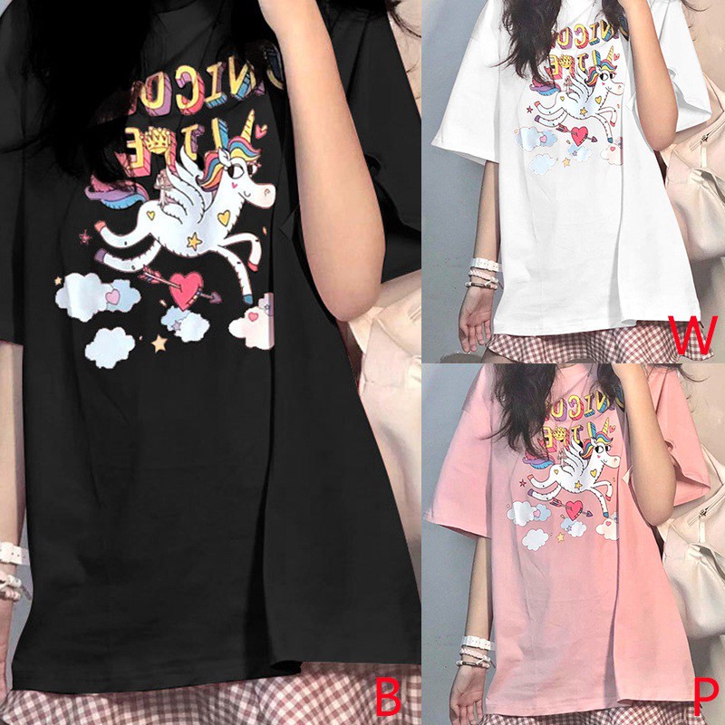 Áo Thun Ngắn Tay Cổ Tròn In Hình Ngựa Và Cầu Vồng Đáng Yêu Cho Nữ