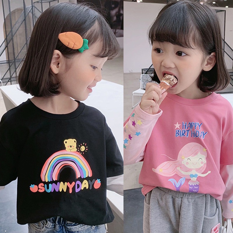 Áo thun tay dài cổ tròn in họa tiết hoạt hình dễ thương giả hai lớp dành cho trẻ em