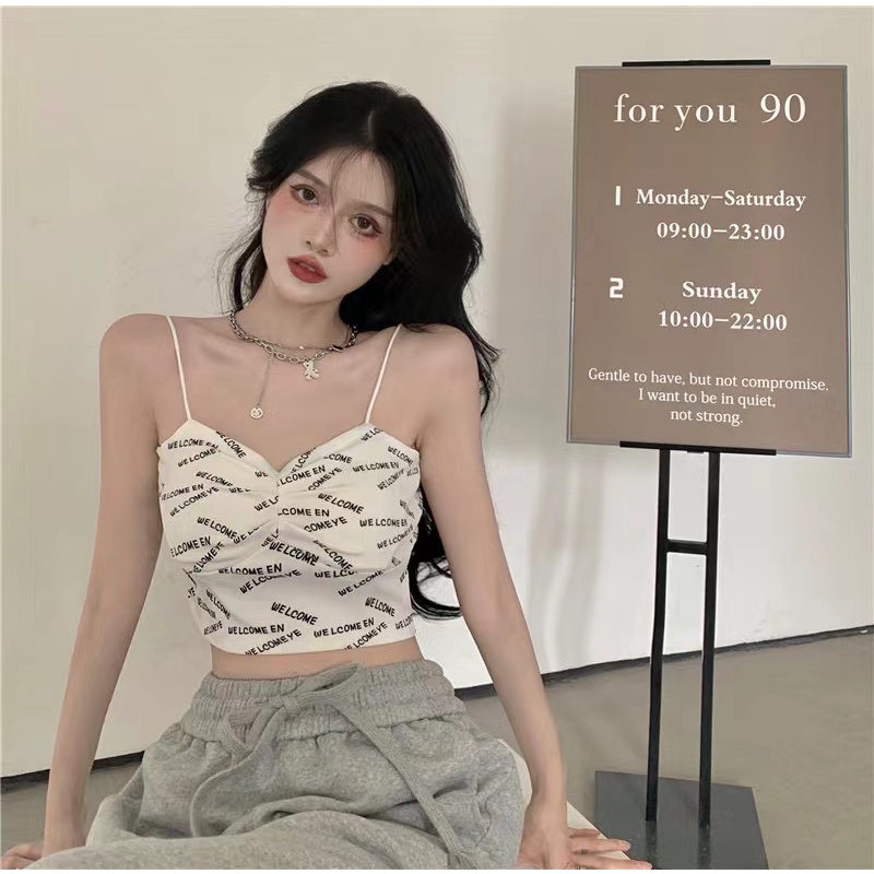 DUNEA Áo croptop hai dây in chữ phong cách quyến rũ dành cho nữ
