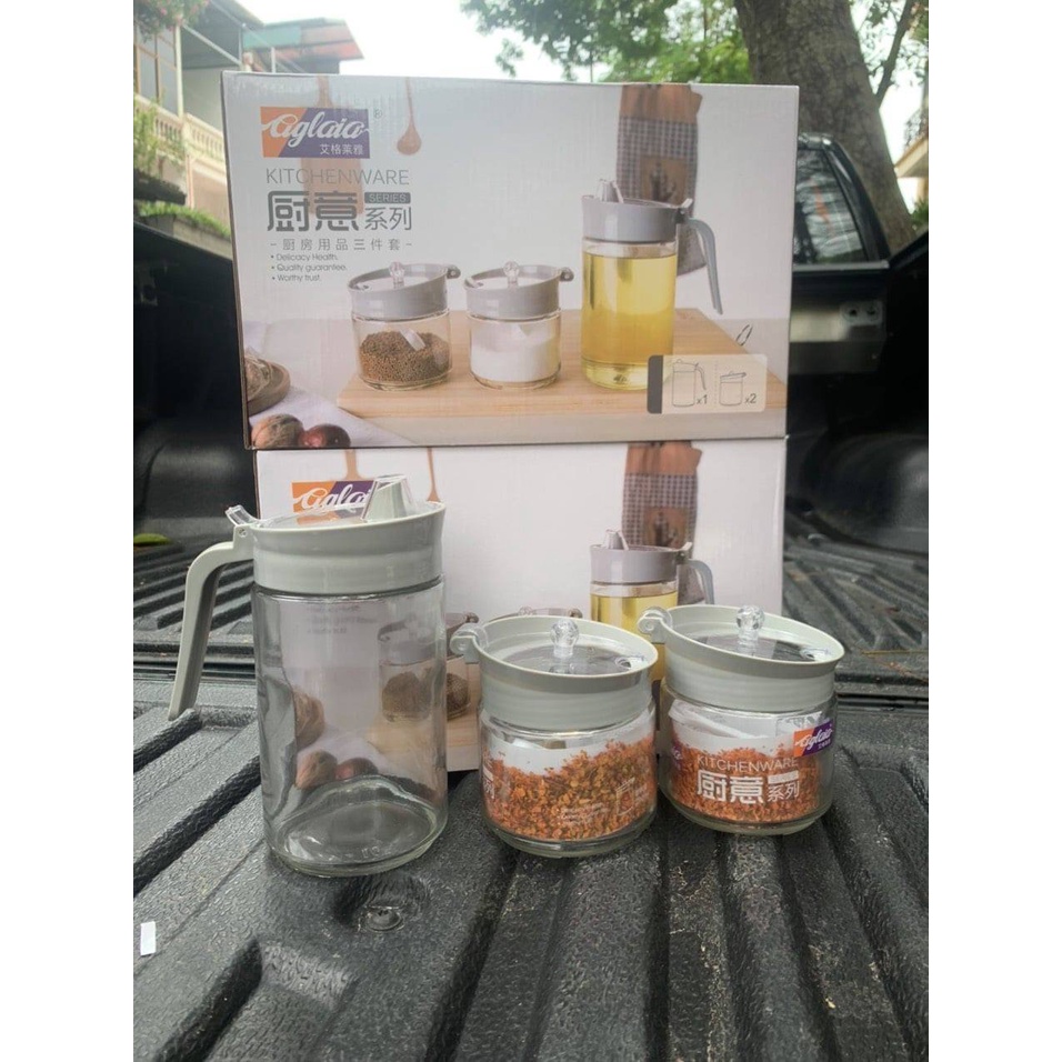 Bộ 2 hũ đựng gia vị + 1 hũ dầu mắm thủy tinh 3 món Aglaia