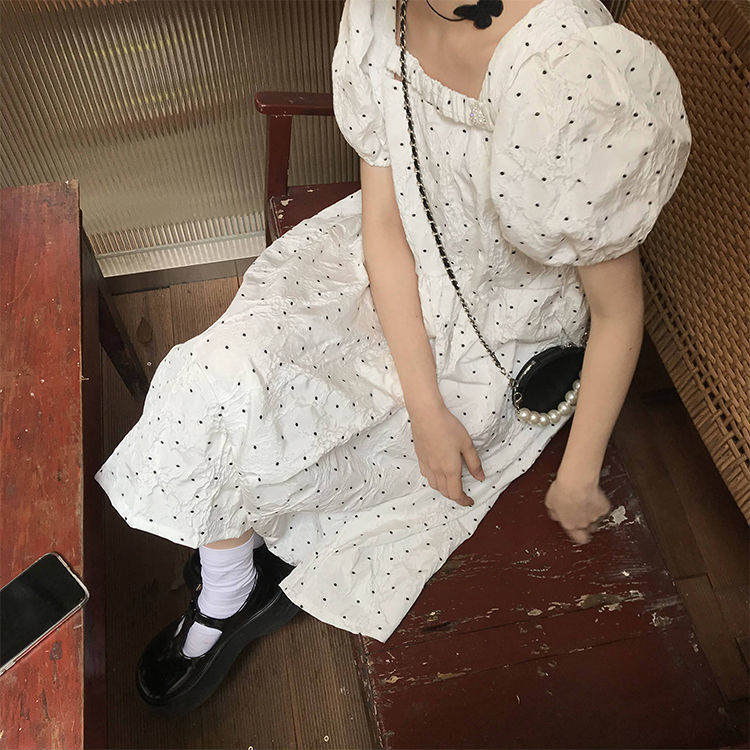 Đầm tay phồng cổ vuông lưng cao phong cách Retro Pháp thời trang cho nữ