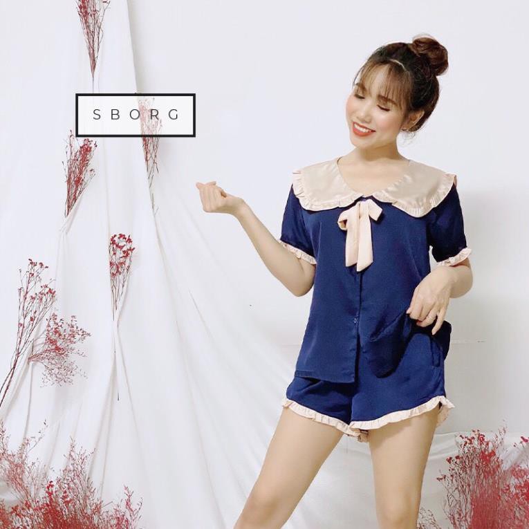 Đồ Bộ Pijama Vintage tiểu thư SBORG Bộ Lụa SaTin Áo Cộc Quần Đùi Phối Bèo Cổ Nơ đồ ngủ Quà Tặng Vợ 8 3 !