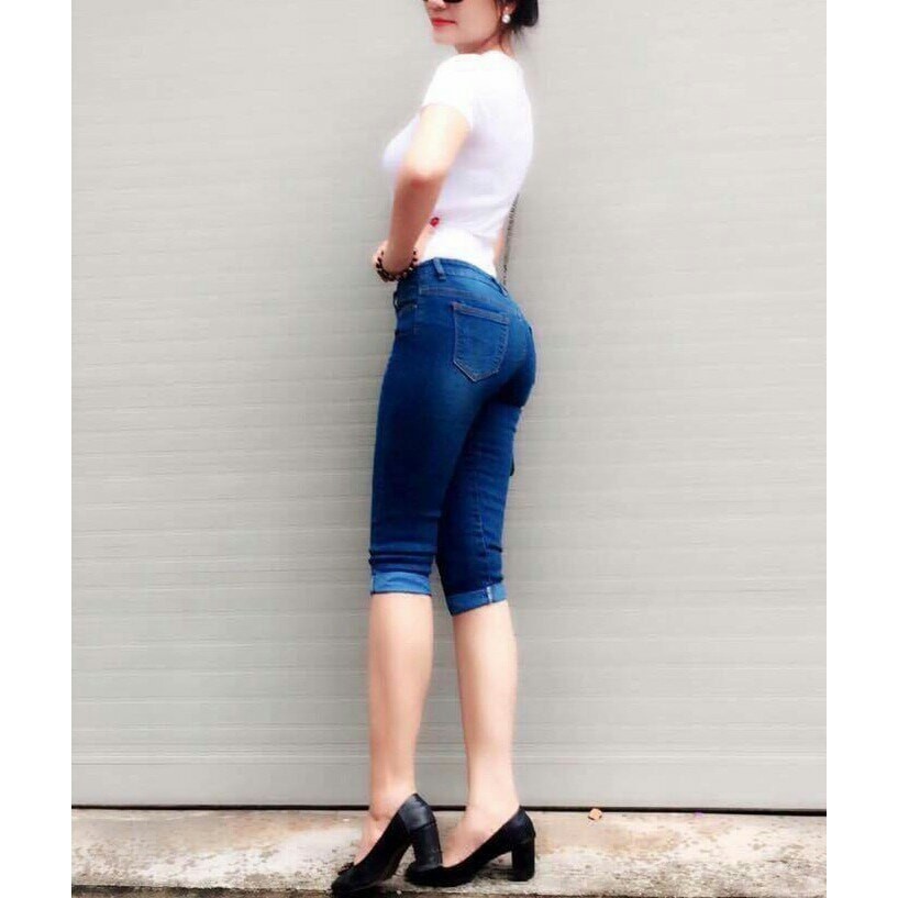 Quần Jean Nữ Lửng Gối Mẫu Trơn Xăn Lai Hàng Co Giãn Size Đại