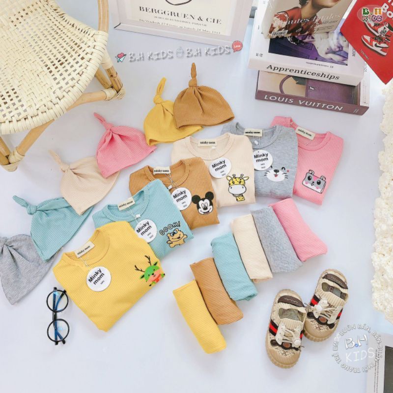Bộ quần áo trẻ em kèm mũ len tăm mikymom dài tay ấm áp cho bé trai gái từ 6/18kg