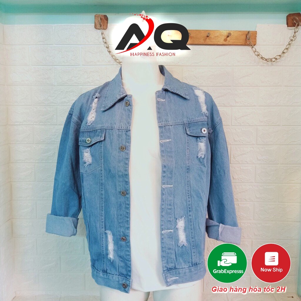 Áo Khoác Jean Áo Jean💖Khoác Bò kiểu Rách Vai Nam Nữ đen xanh Form Rộng Unisex- GUTADI
