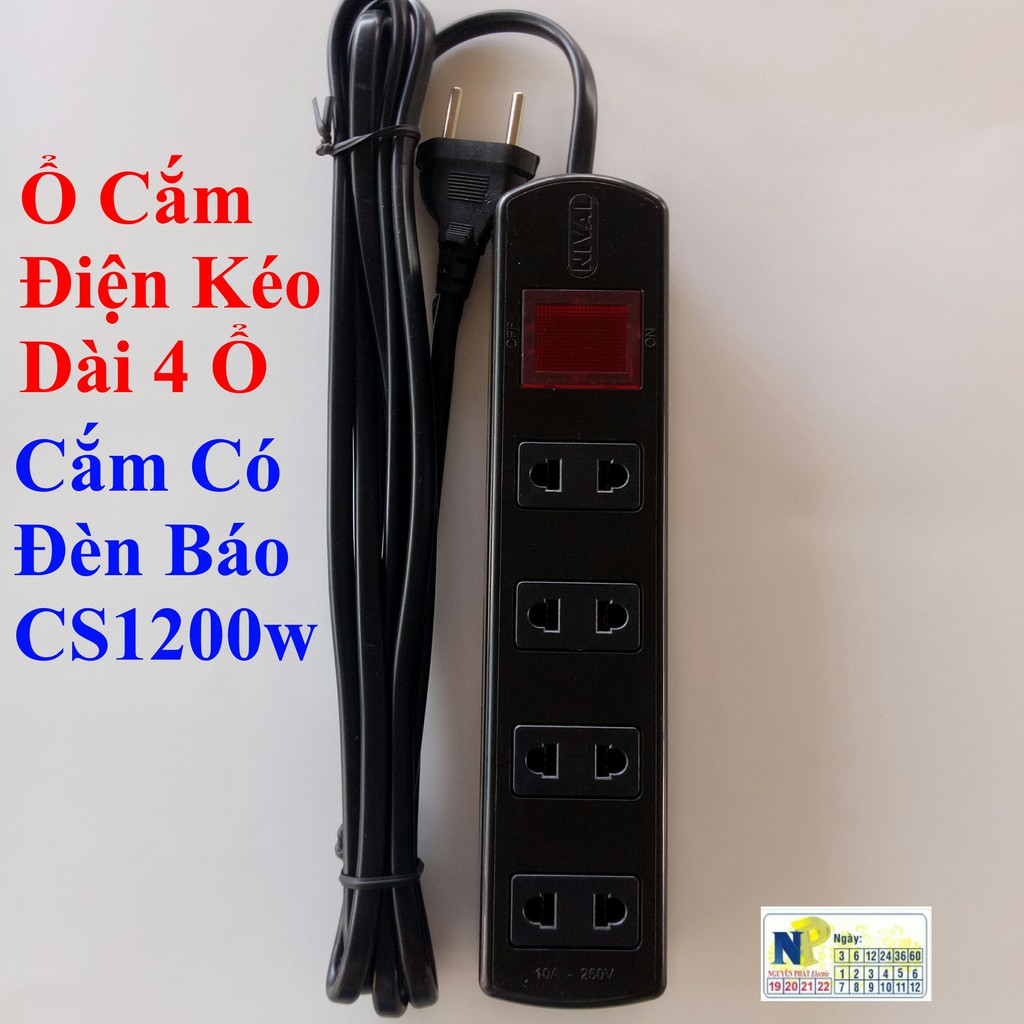 Ổ Cắm Điện Kéo Dài 4 Ổ Cắm Có Đèn Báo CS1200w Nhựa PC Chống Cháy Nival