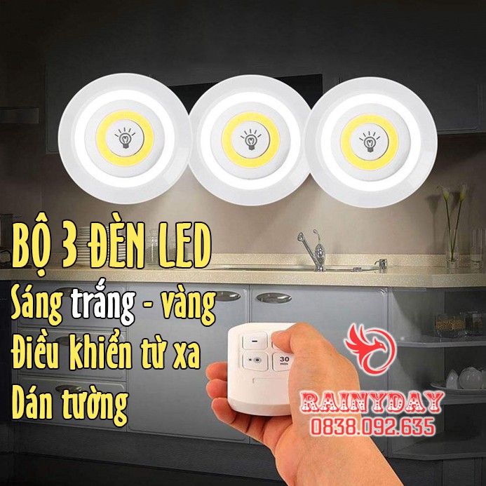 Bộ 3 đèn led dán gắn tường tủ bếp quần áo có điều khiển từ xa chiếu sáng không dây dùng pin