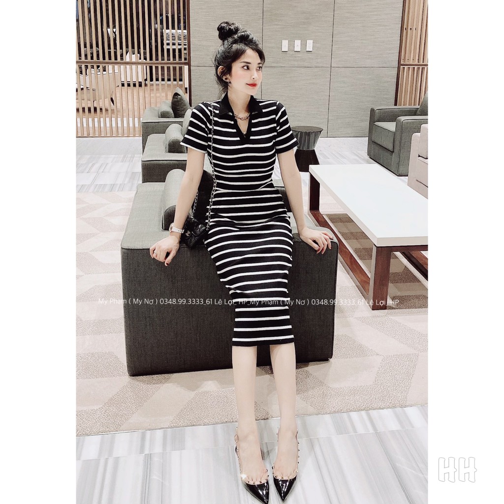 váy body sexy cổ bẻ dài, ngắn kẻ sọc đầm body nữ dễ thương
