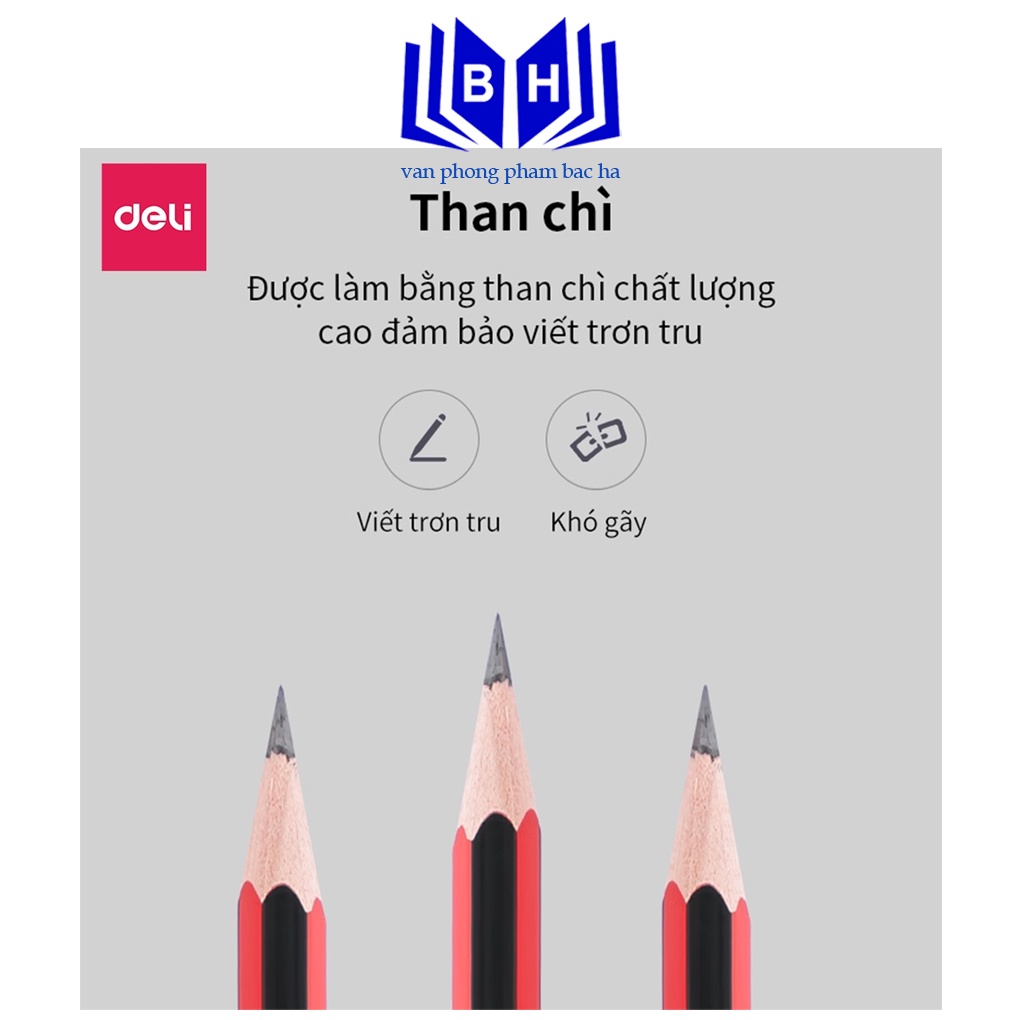Vỉ 10 bút chì lục giác Deli 2B/HB kèm đầu tẩy - chất liệu gỗ an toàn dễ gọt phù hợp với học sinh văn phòng 33158