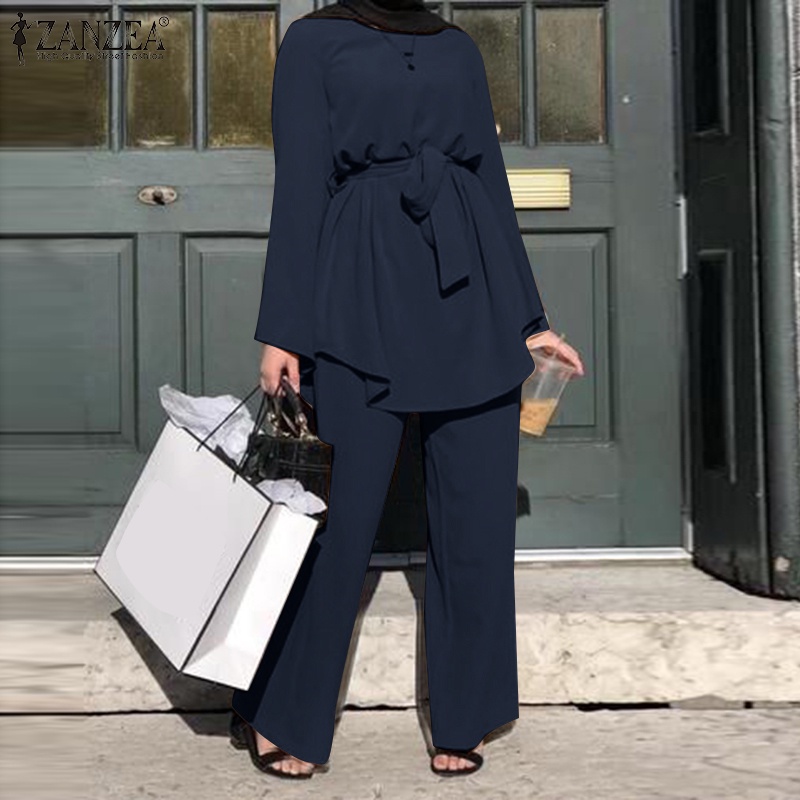 Zanzea Bộ Đồ Hồi Giáo Dài Tay Dáng Rộng Eo Chun Phối Dây Buộc Và Túi Thời Trang Dành Cho Nữ
