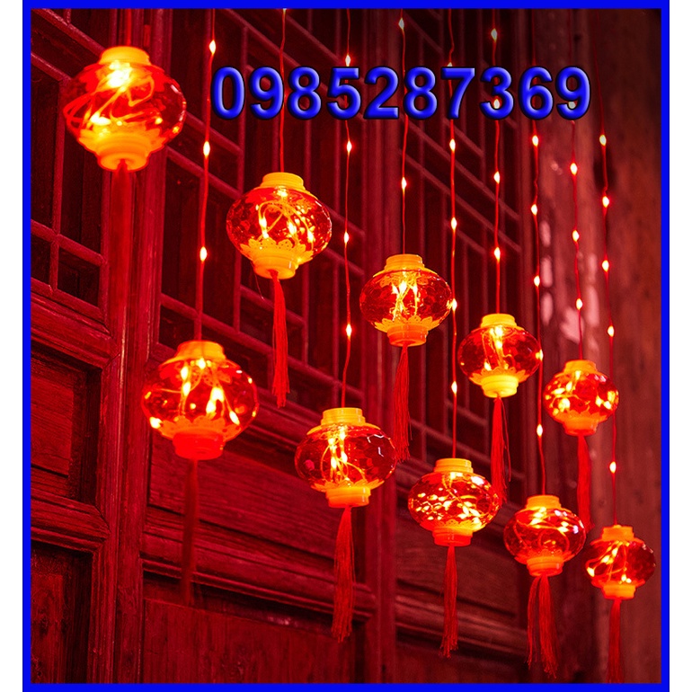 Đèn LED trang trí TẾT nháy hình cầu lồng ĐỎ Năm mới may mắn phát tài, Dây dài 3m 10 Bóng To 10cm