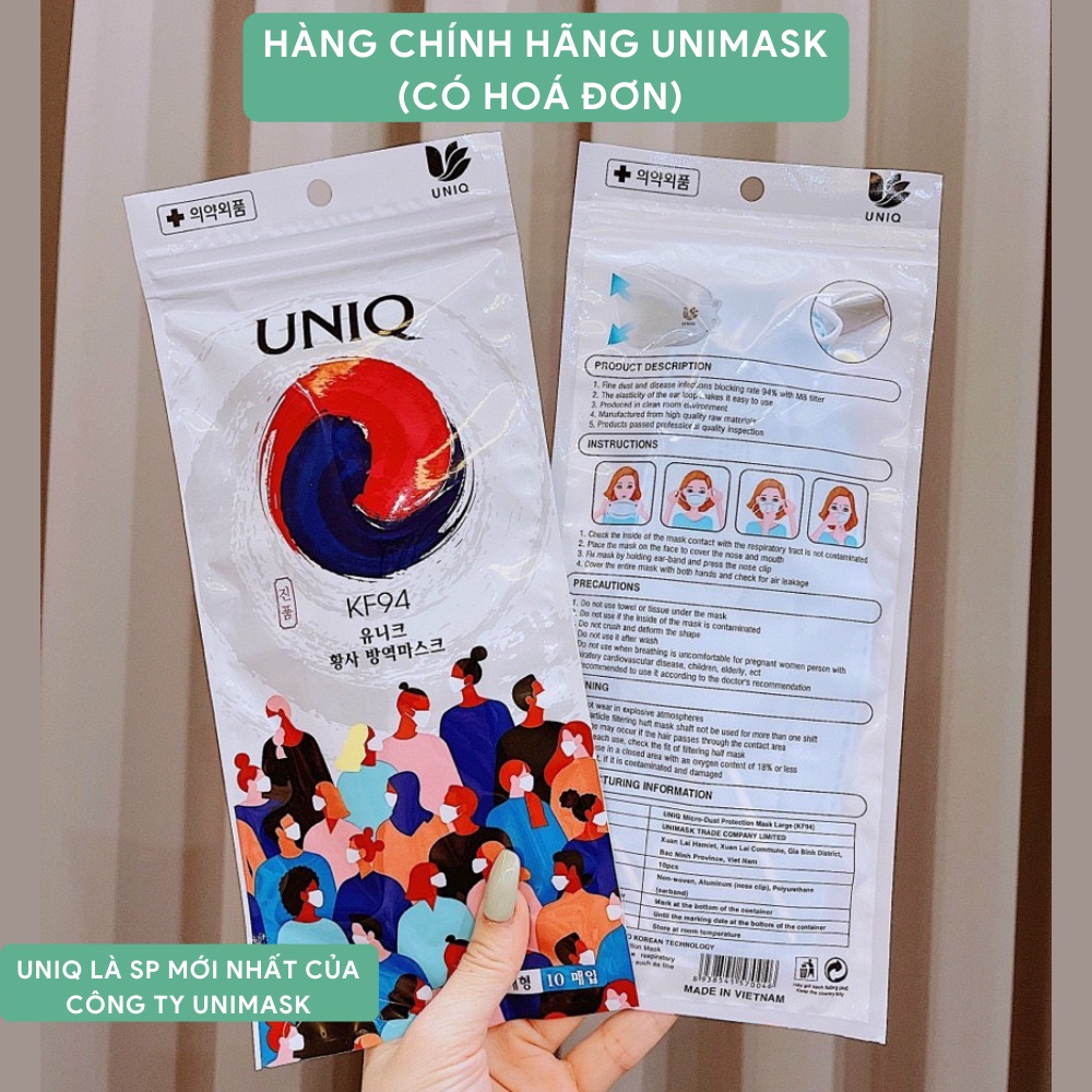 Khẩu trang KF94 4D mask UNIQ (chính hãng UNIMASK) Khẩu trang y tế 4 lớp Hàn Quốc kháng khuẩn chống bụi mịn KT01