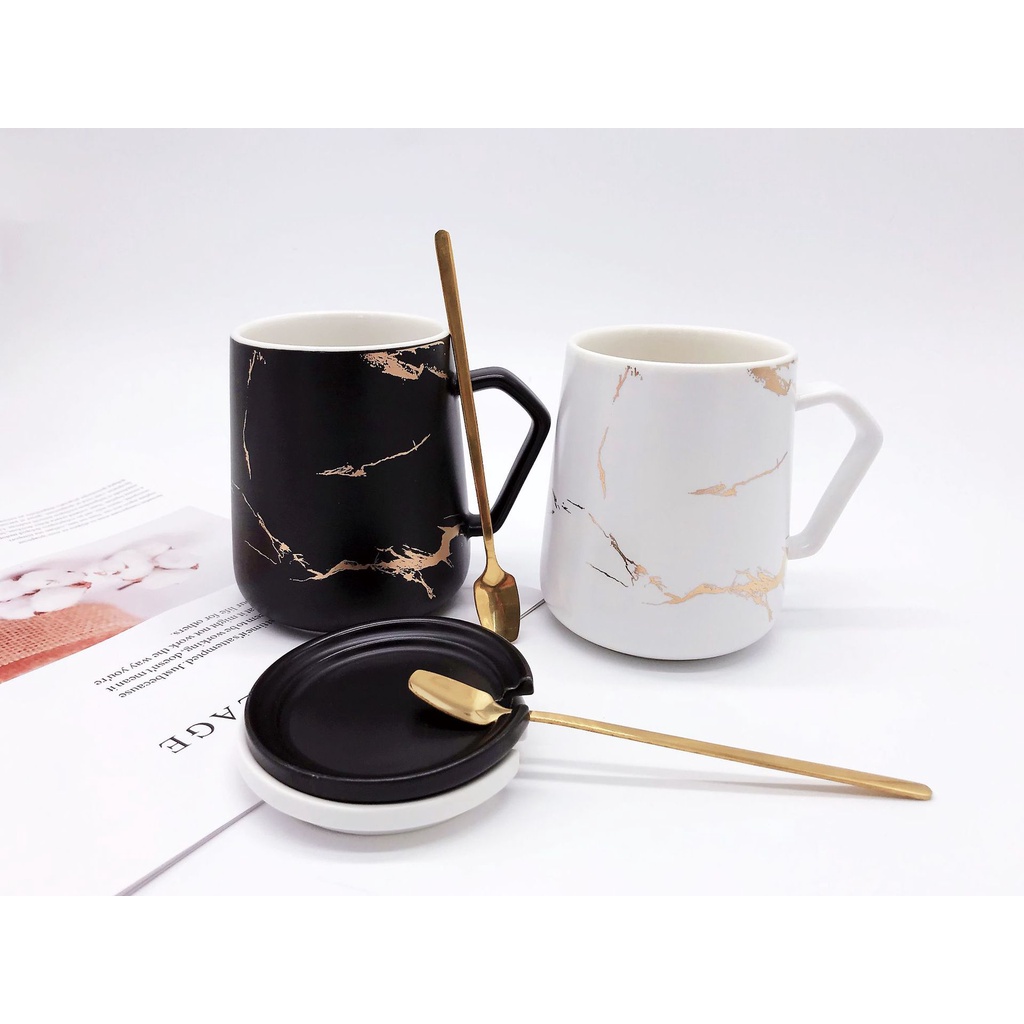 Bộ Cốc Uống Cafe, Ly Sứ Uống Trà Văn Phòng 400ml Có Nắp Kèm Thìa Sang Trọng