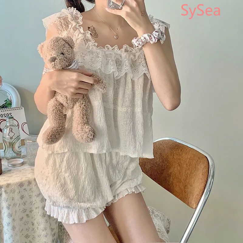 Bộ đồ ngủ phối ren phong cách mùa hè ngọt ngào gợi cảm cho nữ