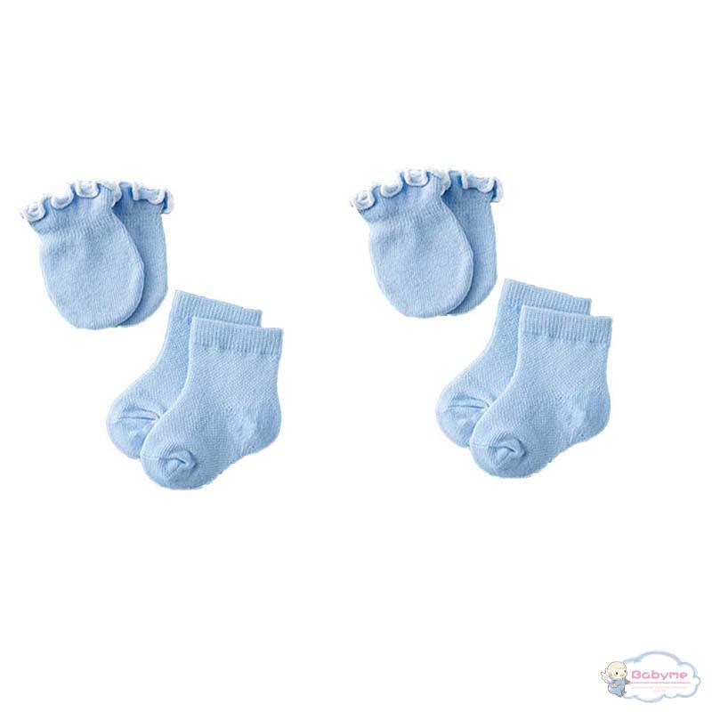 Bộ găng tay + vớ cotton mềm mại màu trơn chống trầy cho bé