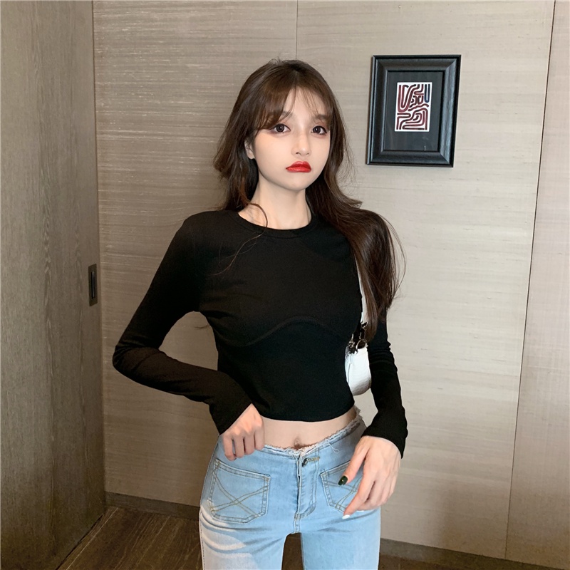 Áo Thun crop top Tay Dài Ôm Ngực Phong Cách Âu Mỹ Mẫu Mới 2021 Thời Trang Cho Nữ