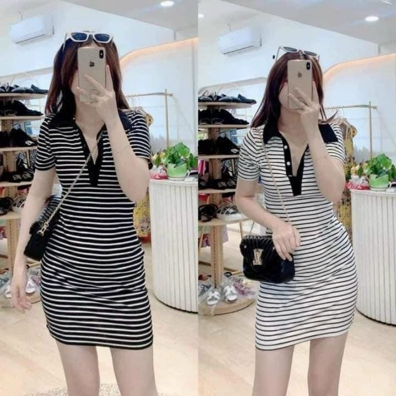 Đầm Thun Suông Kẻ Sọc Ngang Cổ Áo Polo | BigBuy360 - bigbuy360.vn