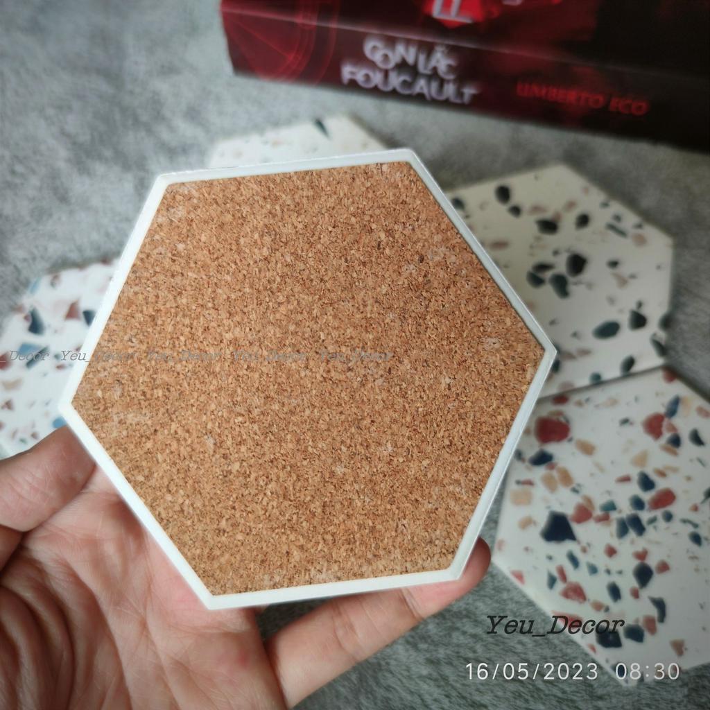 Đế lót ly miếng lót cốc bằng gốm thấm hút nước hình LỤC GIÁC họa tiết VÂN ĐÁ TERRAZZO