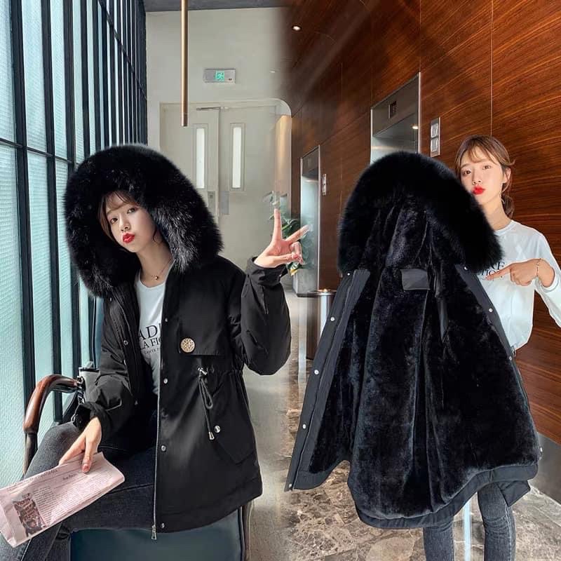 Áo khoác nữ Parka mũ lông xù lót lông đại hàn phong cách hàn quốc