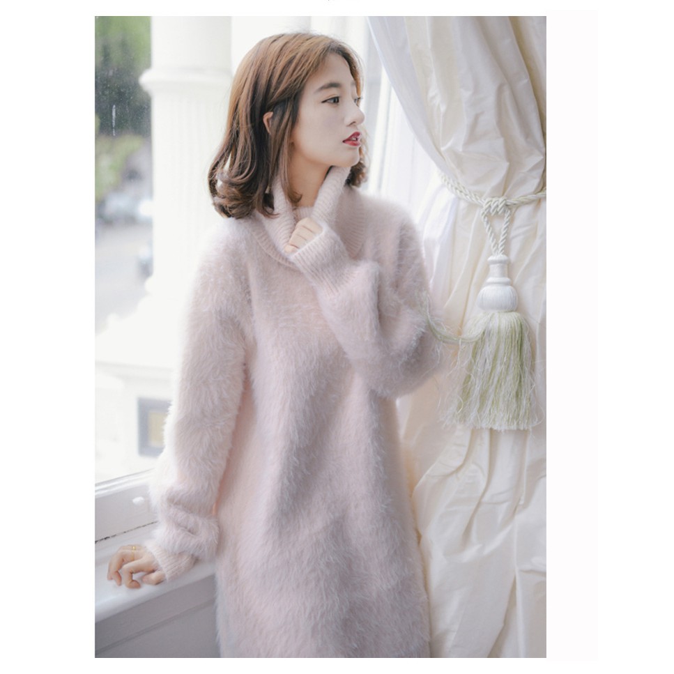 /Sẵn trắng M/ Váy thu đông len cao cổ sợi lông mềm mại, êm ái (hồng, trắng, xanh, đỏ) - ảnh thật ở cuối (psyche)