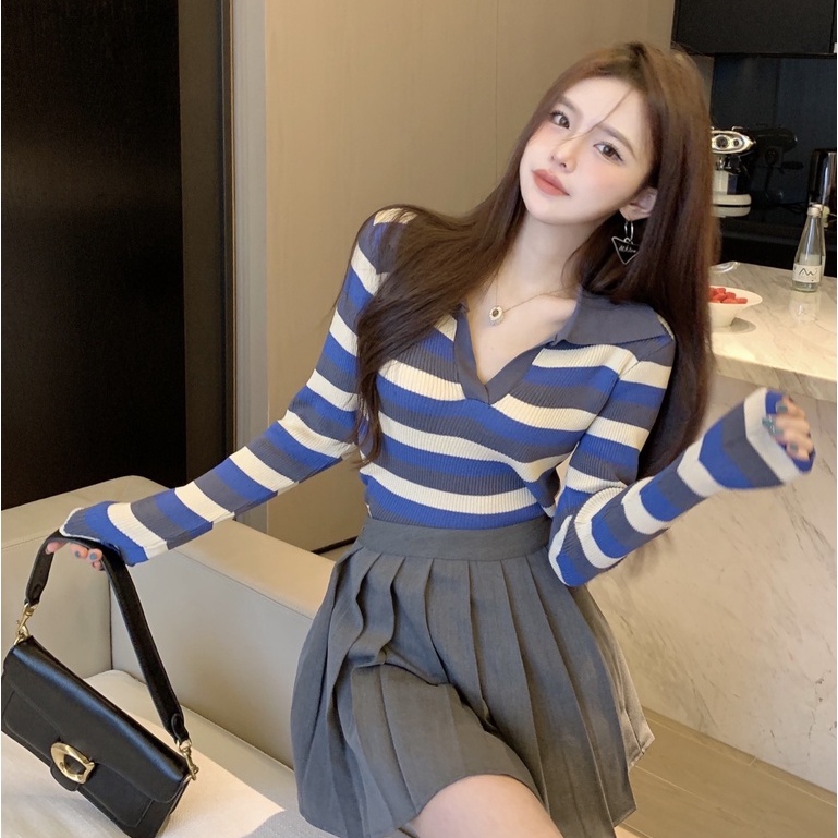 Áo Thun Dệt Kim Tay Dài Dáng Ôm Họa Tiết Kẻ Sọc Thời Trang Hàn Quốc Dành Cho Bạn Nữ