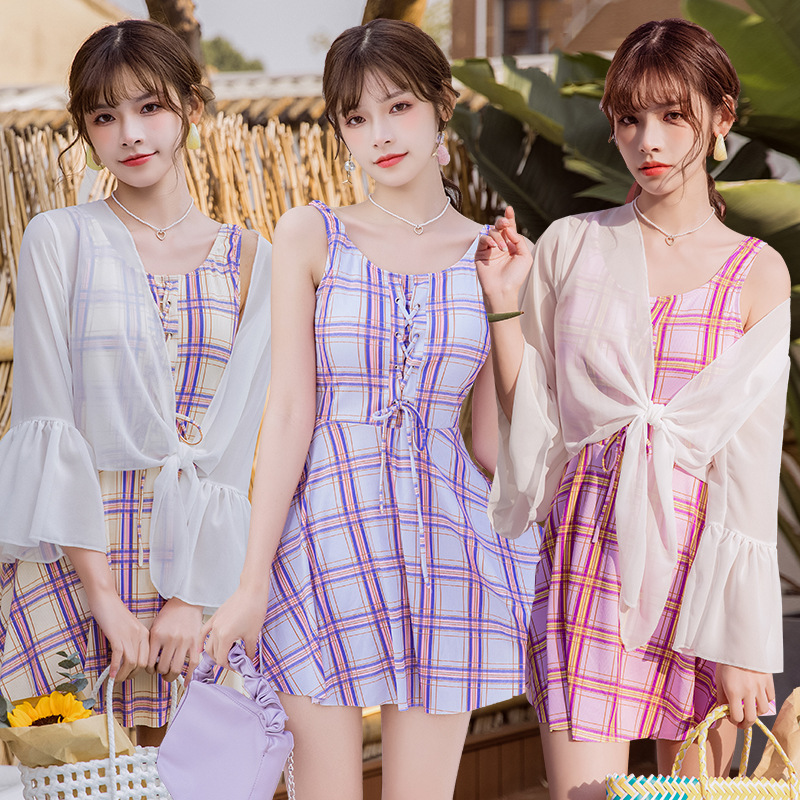 Fashion plaid blouse sunscreen small fresh girl swimsuit split skirt hot spring swimsuit casual beach swimwear | BigBuy360 - bigbuy360.vn
