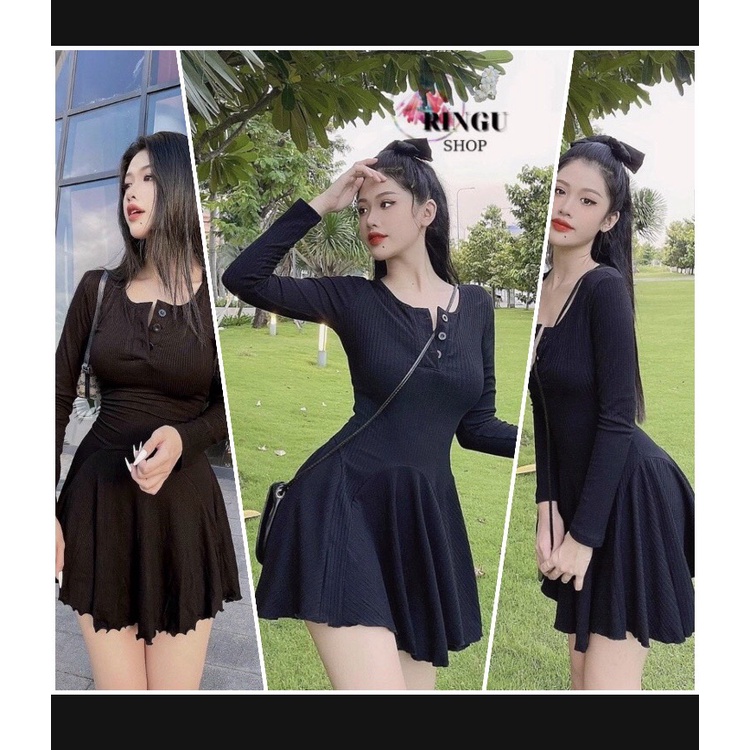 Đầm body dáng xòe tay dài chất thun gân-ringushop