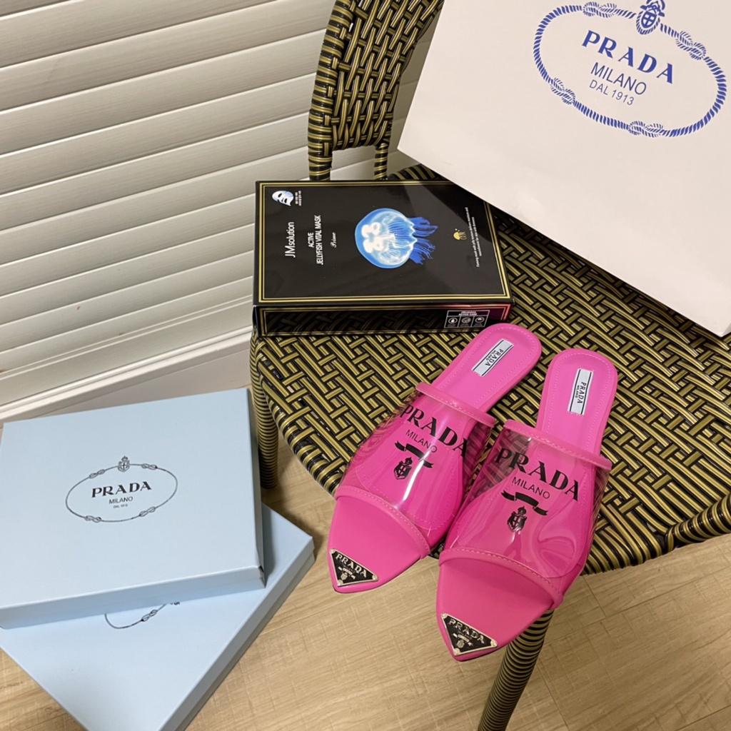 Prada Dép Sandal Mũi Nhọn Bằng PVC Trong Suốt Thoáng Khí Thời Trang Mùa Hè 2022 Cho Nữ