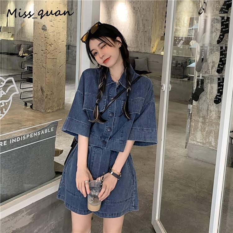 Bộ Đồ Denim Màu Trơn Thời Trang Mùa Hè Hàn Quốc 2022 Dành Cho Nữ