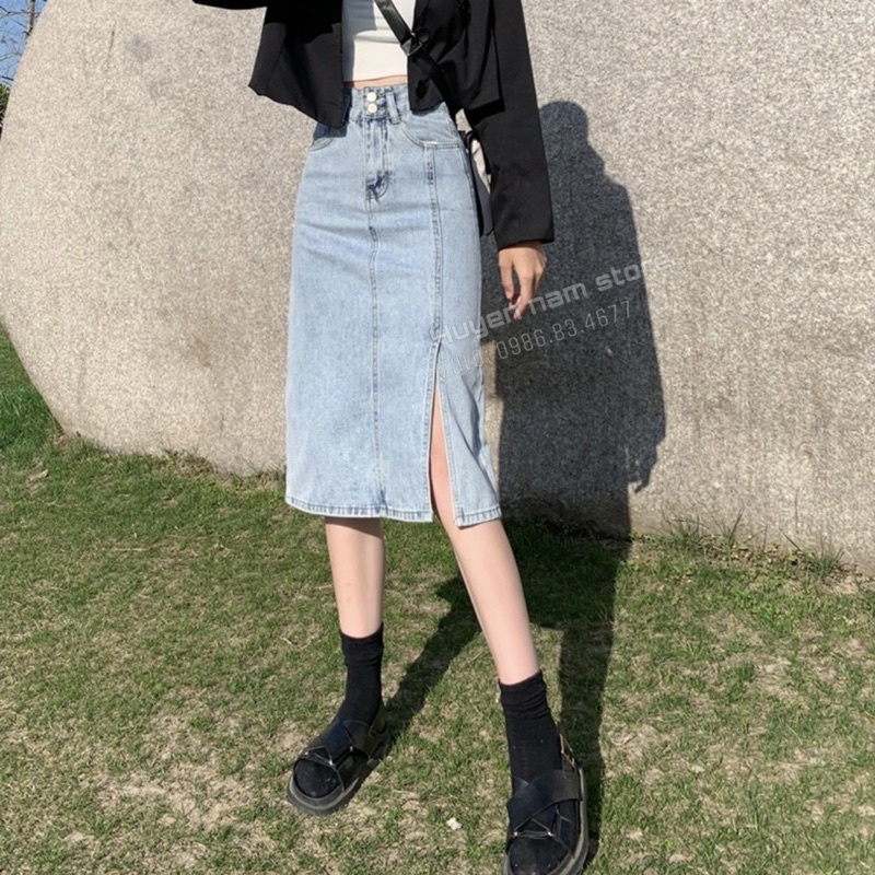 Chân váy bò dài hai khuy xẻ viền | BigBuy360 - bigbuy360.vn