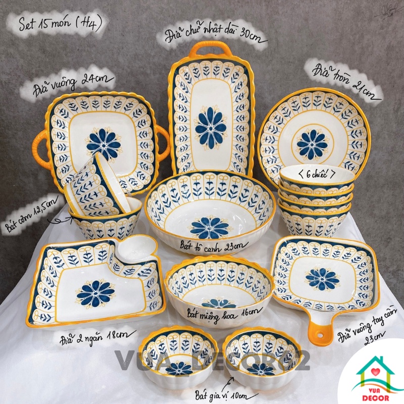 Bộ bát đĩa sứ thổ cẩm, bát ăn cơm, chén dĩa decor đẹp sang trọng H4 VuaDecor
