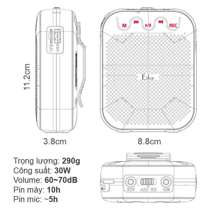 Máy trợ giảng Hàn Quốc Esfor ES-630 UHF V2 Bluetooth 5.0 loa 30W Micro không dây, Mic hạt gạo, chính hãng
