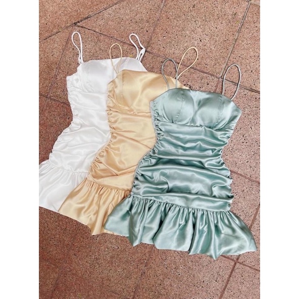 Đầm body phi nhún đuôi cá 2 dây / Xanh, vàng