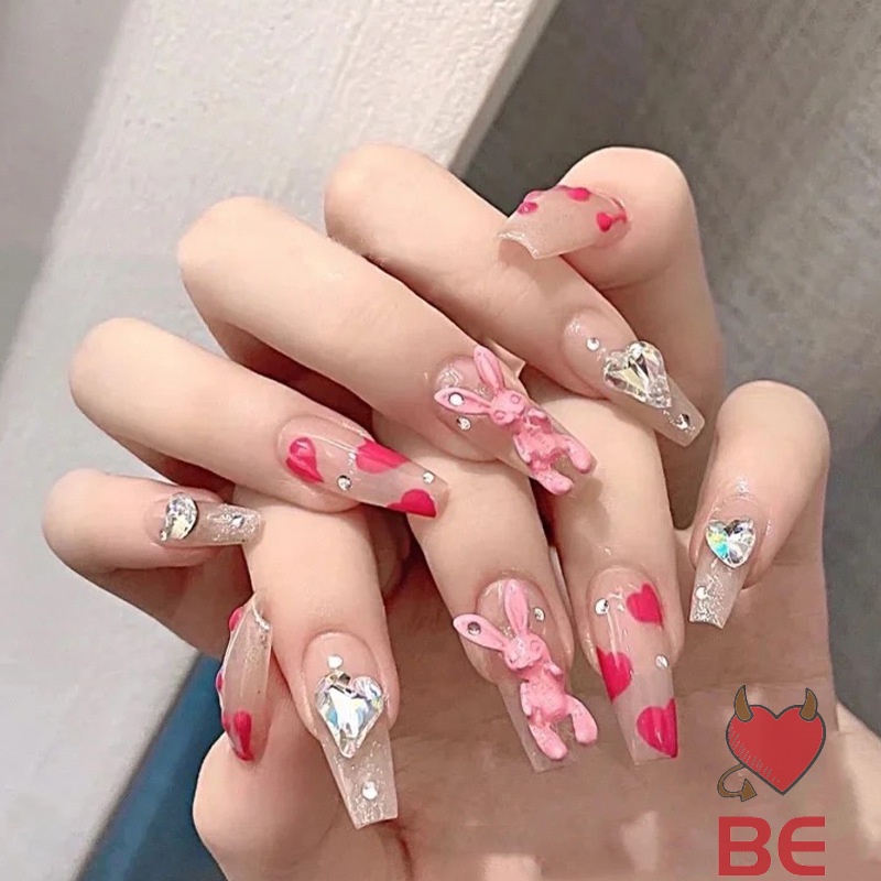 YADORNOS Bộ 24 móng tay giả màu hồng họa tiết thỏ đáng yêu