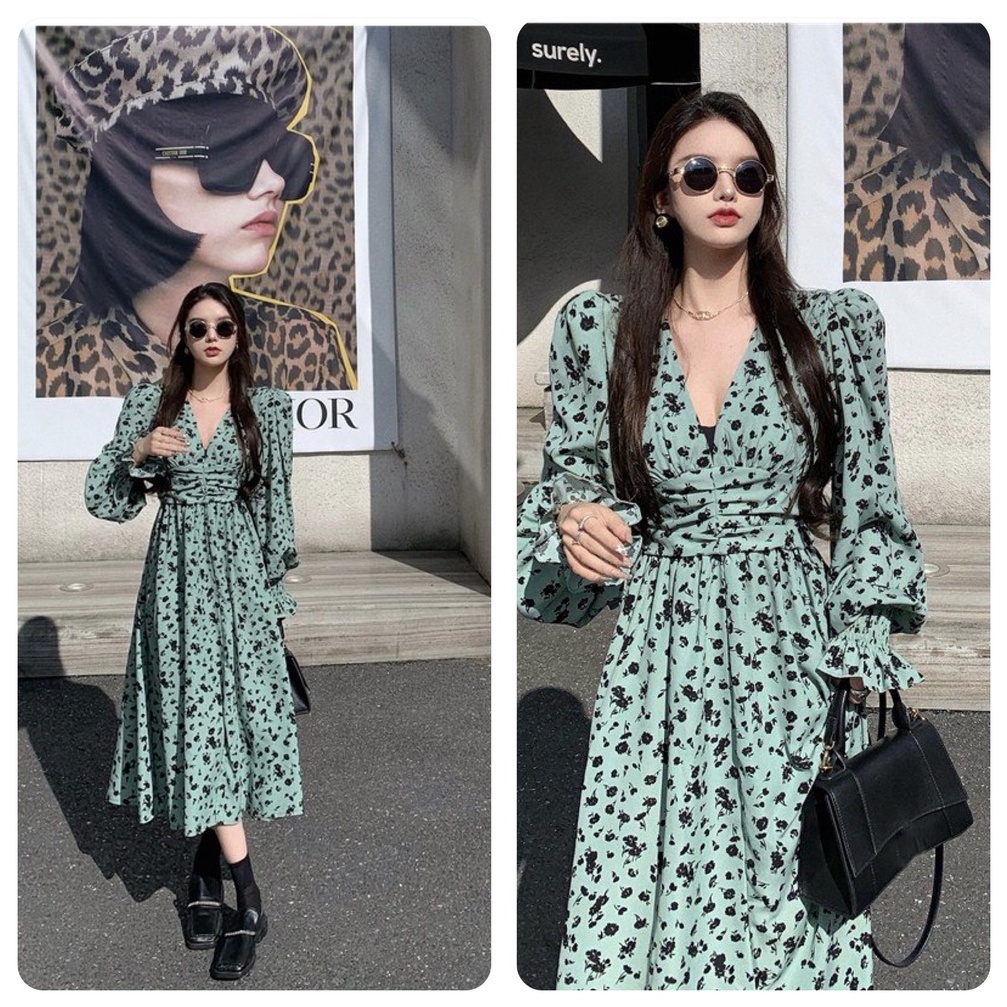 Đầm dáng xòe cổ v tay dài Emilyshop ulzzang