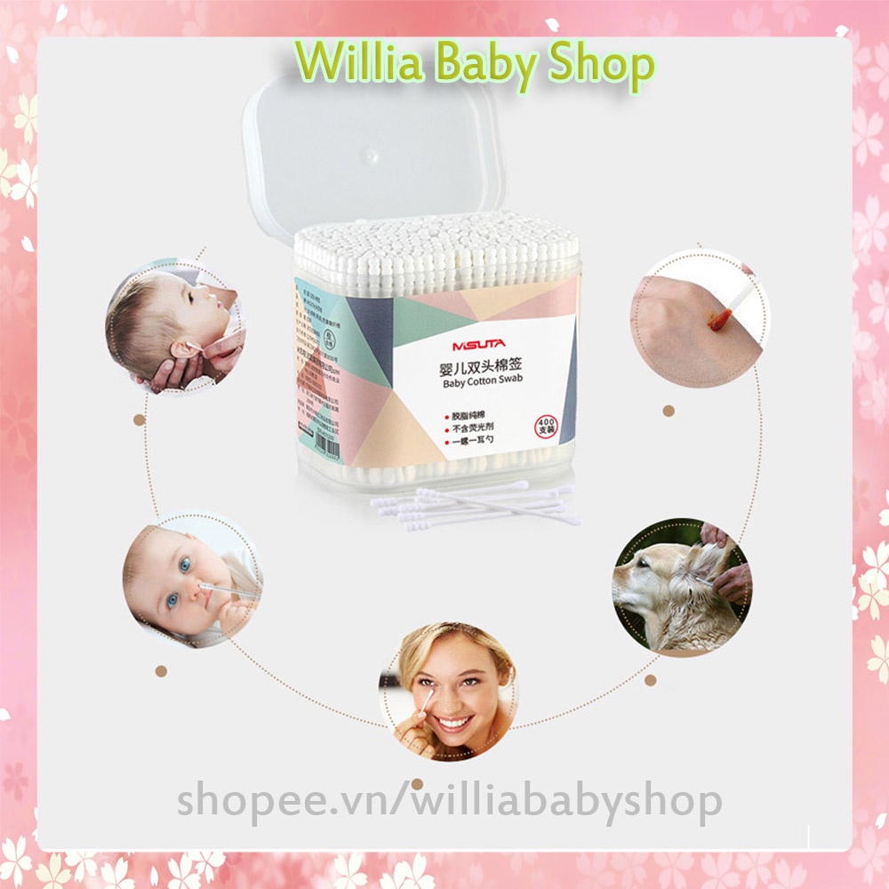 Tăm bông cho bé sơ sinh được làm từ bông tự nhiên hộp 400 que Misuta