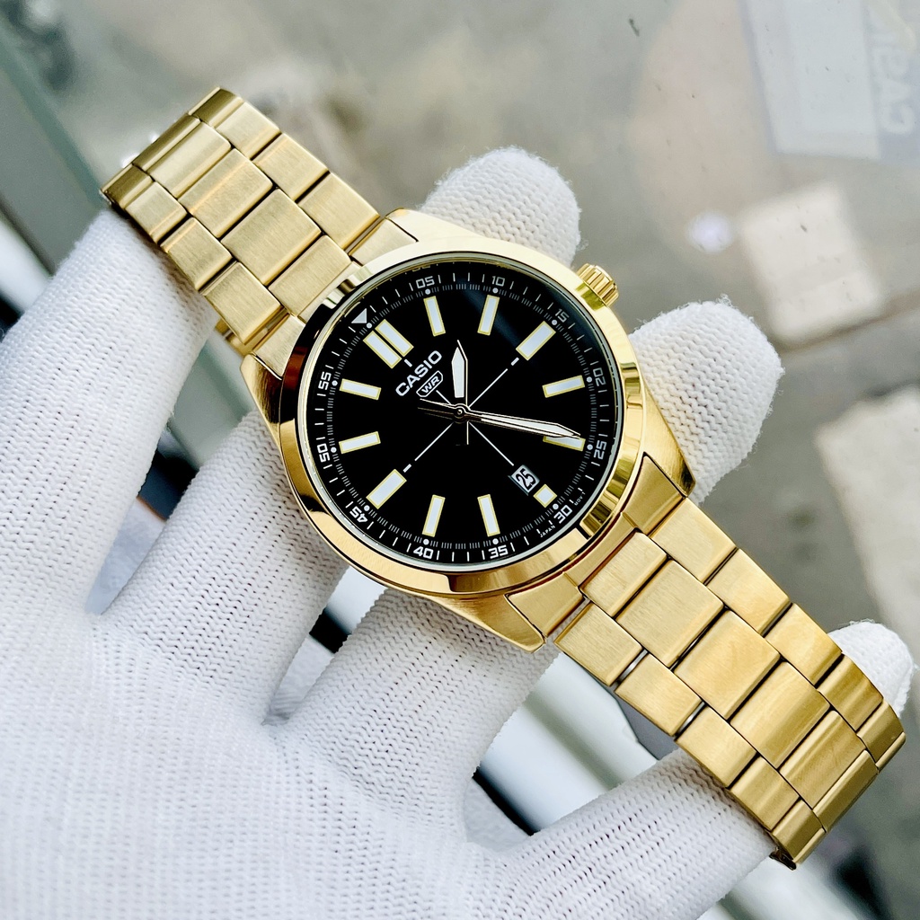 Đồng hồ nam mạ vàng Casio MTP VD02G -1E Dây thép không gỉ mặt đen kim dạ quang Size 41mm Bảo hành 1 năm Hyma watch
