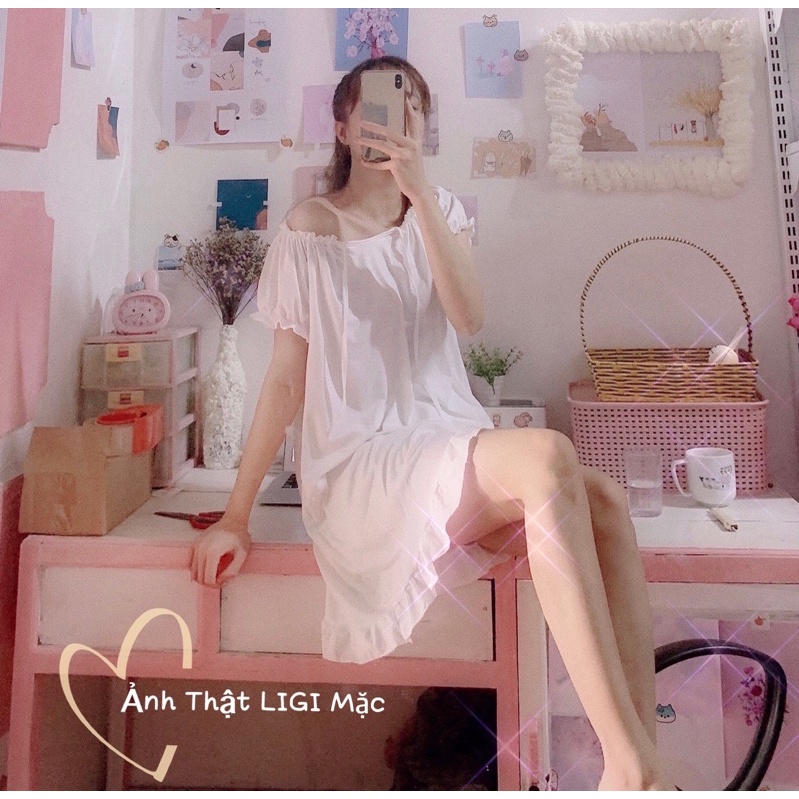 Váy ngủ trễ cổ dáng xuông cực cute, Váy ngủ màu trắng trễ vai đáng yêu